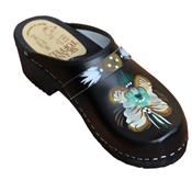 Painted black leather clogs