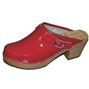 Red patented medium heel clogs