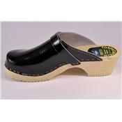 varnished black leather clogs