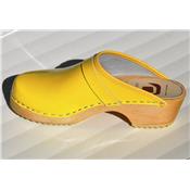 patented yellow leather clogs