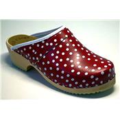 white dots on red clogs