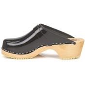 varnished black leather clogs