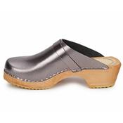 Tin metalized leather clogs