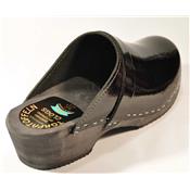 varnished black leather clogs