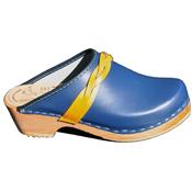 yellow strap on blue clog