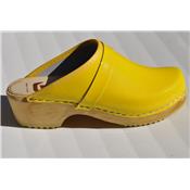 patented yellow leather clogs