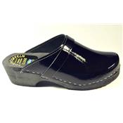 varnished black leather clogs