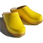 patented yellow leather clogs